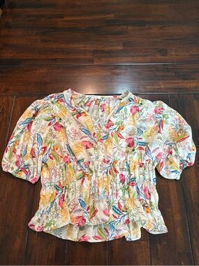 Rose + Olive Floral Smocked Peplum Blouse Size L